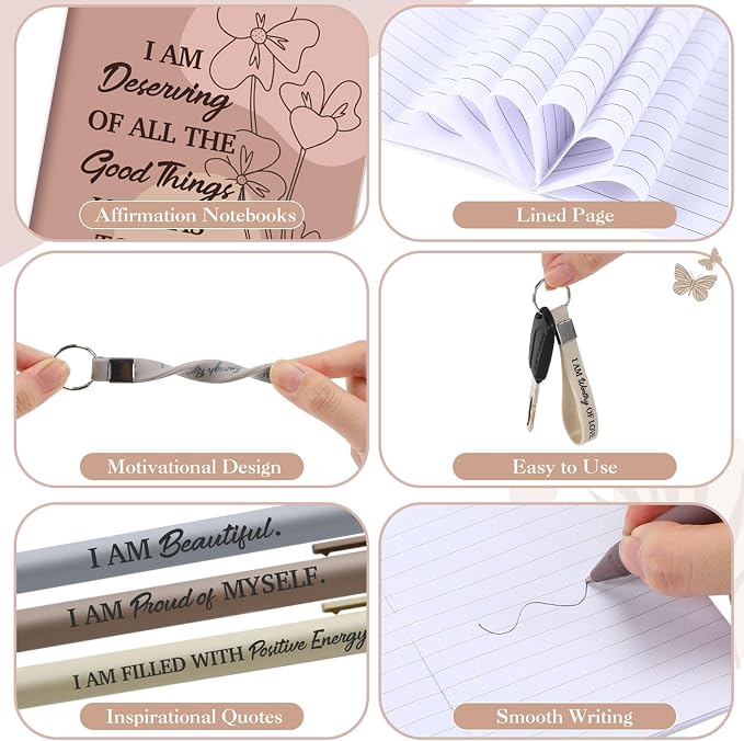 Mooliwe 12 Set Positive Affirmation Gift Set Gratitude Notebooks with Pens Keychains Small Bags Motivational Party Favors for Adult Women Coworkers Employee Group (Elegant)