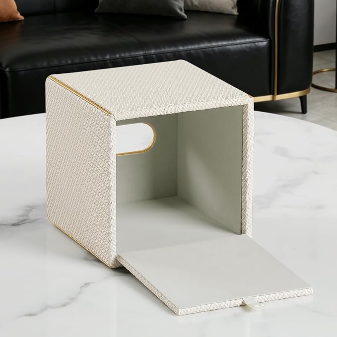 Square PU Leather Tissue Box Cover with Magnetic Closure, Decorative Tissue Holder & Storage Container for Bedroom, Living Room, Dining Room, Bathroom, Countertop, Desk (Square Off-White Twill)