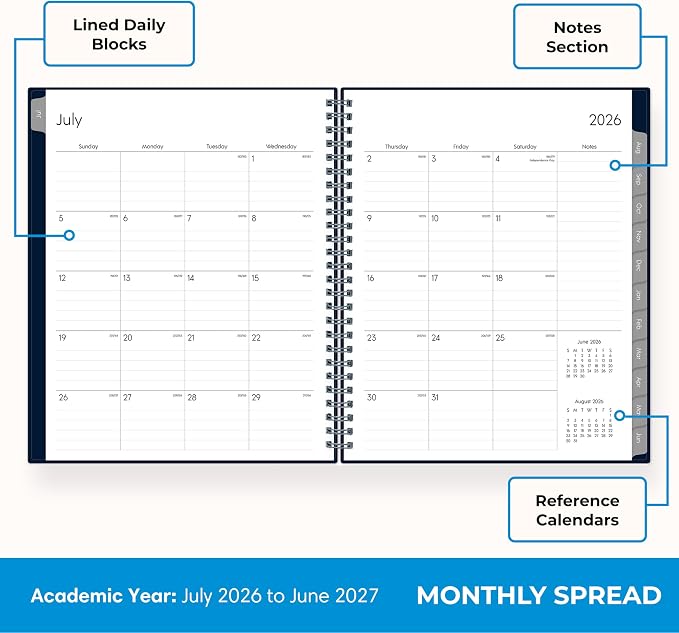 Blue Sky 2026-2027 Weekly & Monthly Academic Planner, 7"x9" Enterprise Navy | July 2026 - June 2027, Flexible Cover, Wirebound, Laminated Tabs, Academic Year