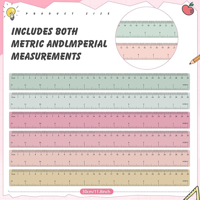 120 Pcs Clear Plastic Ruler Bulk 12'' Colorful Ruler for Classroom with Inch Centimeter for Teacher Student Back School Office Supplies Tool Operation Measuring Drawing(Vintage Colors)
