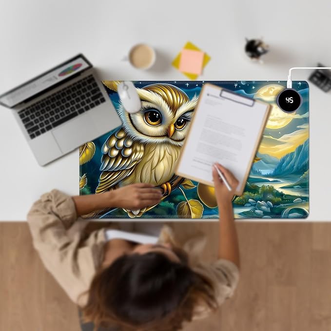 Heated Desk Pad Large Mouse Pad 23.6 x 14.1 inch with 3 Levels Heating & Auto Shut-Off Warm Mouse pad PU Leather Computer Mousepad for Home Office Work - Owl Moon
