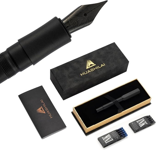 Luxury Solid Brass Fountain Pen Set for Writing & Calligraphy - Choose Antique or Matte Black Finish. Includes 10 Ink Cartridges & Premium Gift Box (Fine Nib, Matte Black)