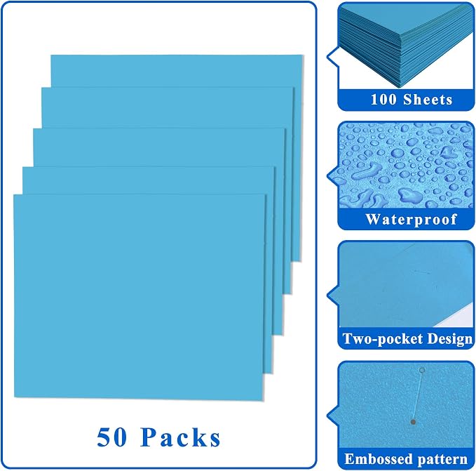 Zzrywuty File folders with Pockets,Light Blue Two folders for documents,50 Pack Paper Folders with Card Slot,Letter Size,School Students,Business,Home and Office Workers