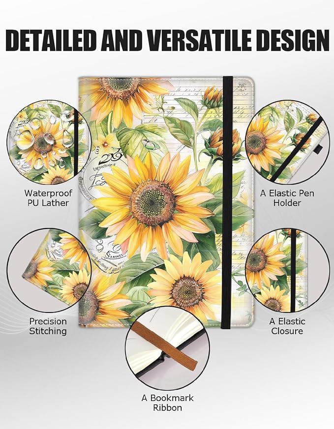 Hardcover Executive Notebooks, A5 PU Leather Lined Journal Notebook, 200 Pages Thick Paper Subject Notebooks for School,Work,Home Writing Business Notebook, Diary Book ，Retro Sunflowers
