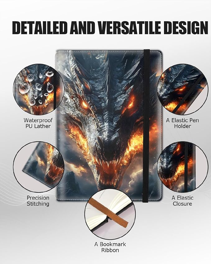 Hardcover Executive Notebooks, A5 PU Leather Lined Journal Notebook, 200 Pages Thick Paper Subject Notebooks for School,Work,Home Writing Business Notebook, Diary Book, Dragon Roaring