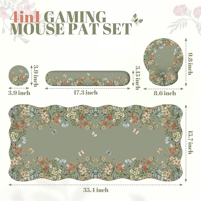 iCasso Desk Mat Set,Large Mouse Pad with Wrist Rest,Ergonomic Keyboard Wrist Support for Women,Girly Floral Computer Mat with Scalloped Edges,Non-Slip Desk Pad Home Office Gaming (Green)