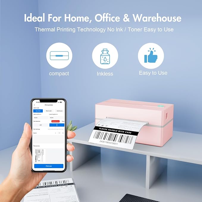 Thermal Shipping Label Printer 4x6 Bluetooth Label Maker for Small Business | Wireless Mailing Shipping Printer for USPS UPS Amazon Shopify Etsy - Compatible with iPhone Android Windows & Mac (Pink)