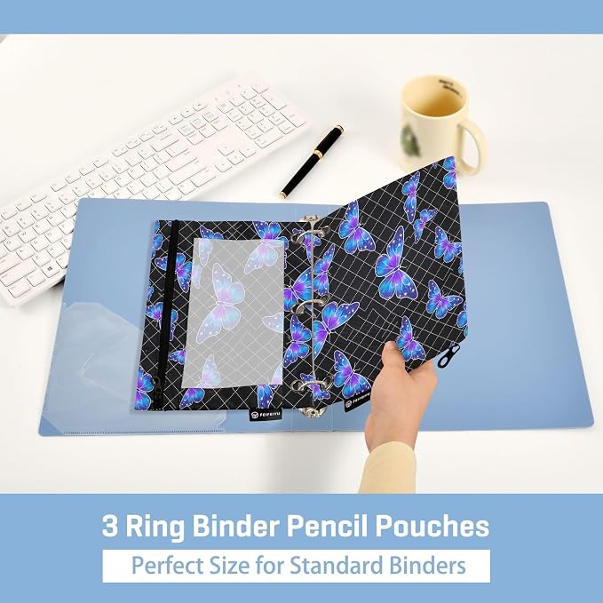 Gredecor 3 Ring Binder Pencil Pouch, Blue Purple Butterflies Zippered Pen Case Pouches with Clear Window, 2 Pack Stylish Office & School Supplie