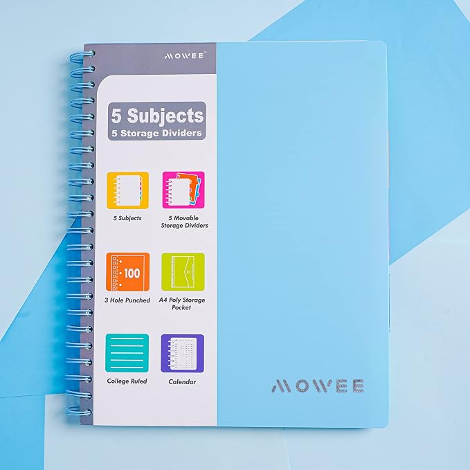 5-Subject Spiral Notebook, College Ruled, with Pocket & Tab Dividers | 200 Pages, 11" Ruler, 8.5"x11" Babyblue, Pocket Dividers with Tab Labels, for Writing Journal, Home, Office & School Supplies