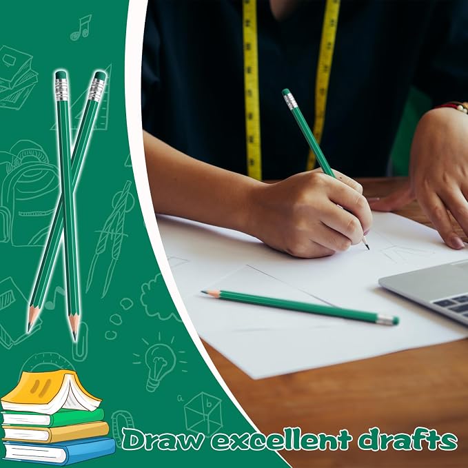 60 PCS Green Pencils Erasable Colored Pencils with Eraser Pre-Sharpened 2 HB for Checking, Grading, Tests & Office/School Supplies (Green)