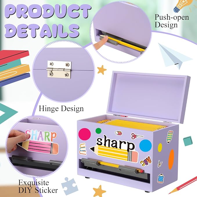 Mifoci Wooden Pencil Dispenser Kit for Classroom Wooden Pen Holder Straw Dispenser Sharp and Dull Letter Stickers for Teachers Classroom Supplies Storage(Light Purple)