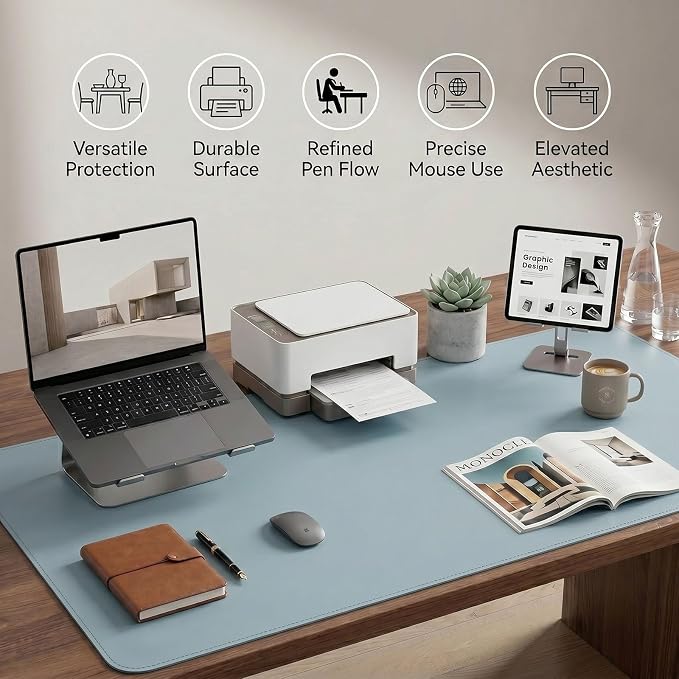 Large Desk Pad Non-Slip Desk Mat Protector for Keyboard Mouse Waterproof Vegan Leather Surface Faux Leather Laptop Mat Smooth Mouse Pad Premium Gift Tube Morning Fog Blue 47" x 23"