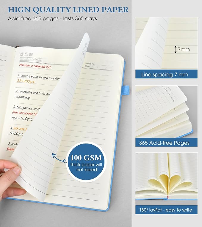 PERCUN A4 Lined Journal Notebook，365 Page Large Leather Journals for Writing Women Men，Hardcover Notebook with 100Gsm Thick Pages for Travel，Work，School，College Ruled, Daily Diary (8.5" x 11.4")