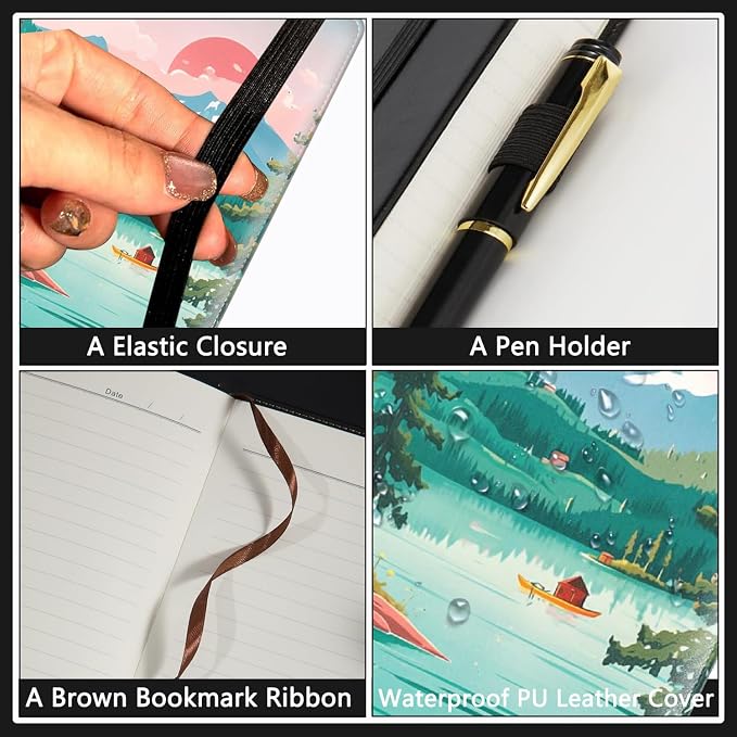 A5 Leather Lined Journal Notebook, 200 Pages Hardcover Executive Notebook for Men Women Office School Note Taking, Thick Writing Paper Daily Journal with Bookmarks/Indexes, Lake Scenery