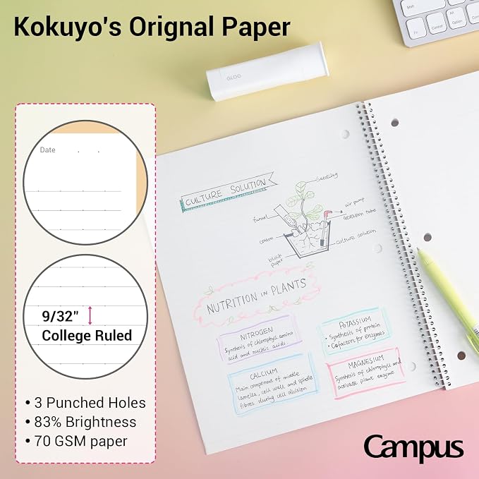 KOKUYO Spiral Notebooks, 3 Pack College Ruled 10-1/2" x 8" Lined Notebook | Campus Subject Notebooks, 80 Sheets, 3 Holes School Japanese Ring Journal for Work Study Note Taking, Yellow Orange Purple