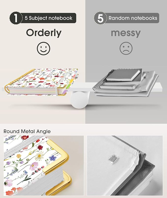 Hardcover Spiral Notebook journal with Removable Dividers Tabs, 300 Pages 5 Subject Notebook College Ruled, 100GMS Notebooks for Work School Note taking,Lined Journal for Women,A5-Flower white