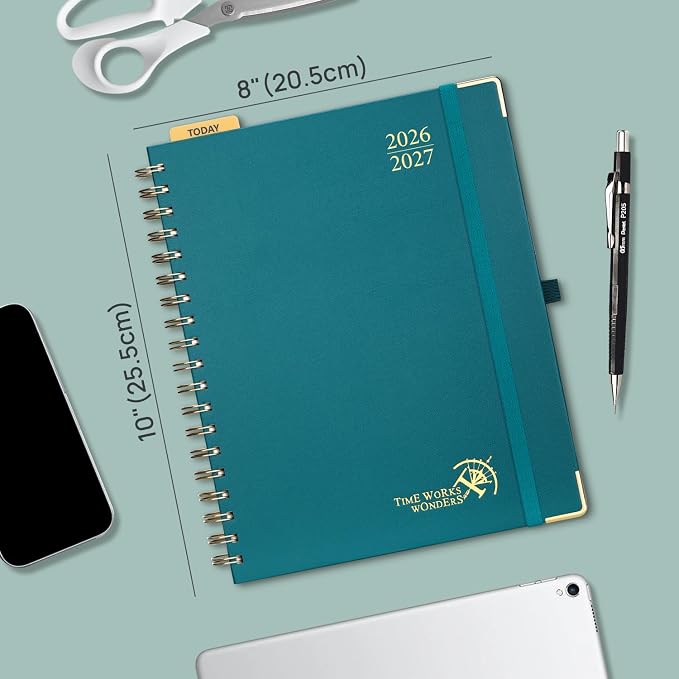 POPRUN 2026-2027 Weekly Planner 10" x 8"Weekly and Monthly Planner Calendar | Jul 2026 - Jun 2027，Daily Agenda Book & Appointment Book with Hourly Schedule, Tabs, Hardcover- Pacific Green