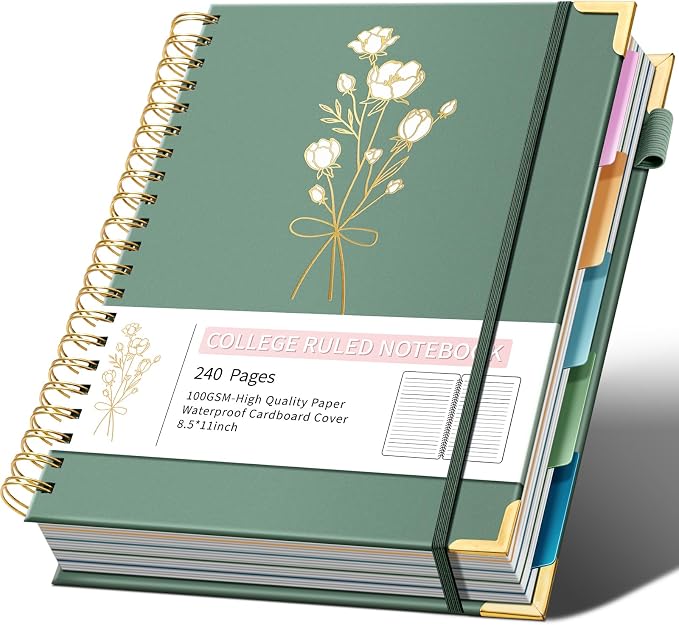 Ovesmusl Hardcover Spiral Notebooks 8.5" X 11" Note Taking 5 Subject Notebook College Ruled with Dividers 240 Pages 100GSM Aesthetic Spiral Notebook for Work School Cute Journals for Women Writing