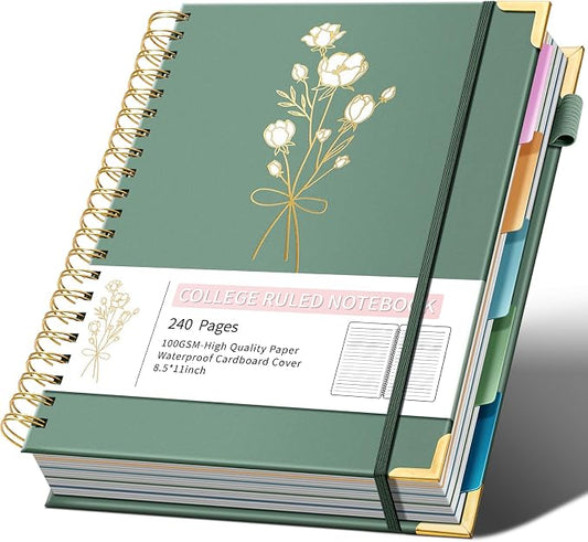 Ovesmusl Hardcover Spiral Notebooks 8.5" X 11" Note Taking 5 Subject Notebook College Ruled with Dividers 240 Pages 100GSM Aesthetic Spiral Notebook for Work School Cute Journals for Women Writing