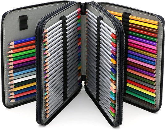 BTSKY Deluxe PU Leather Pencil Case For Colored Pencils - 120 Slot Pencil Holder with Handle Strap Handy Colored Pencil Box Large(Black)
