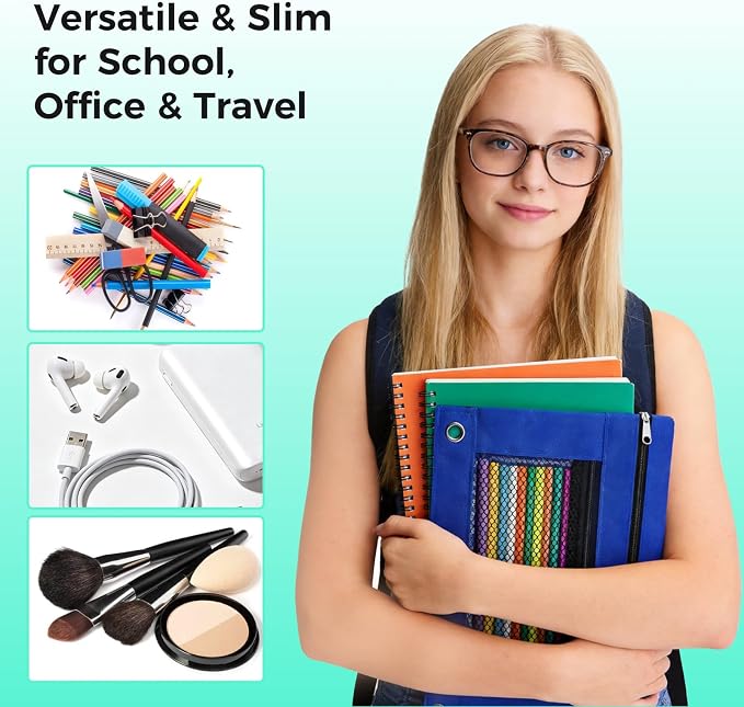 Pencil Pouch for 3 Ring Binder, Pencil Case with Zipper, 600D Fabric Pencil Pouch Bag Holder Accessories, Clear Window Pencil Case Aesthetic Back to School Organizer Pockets for Boy Girl (Blue)