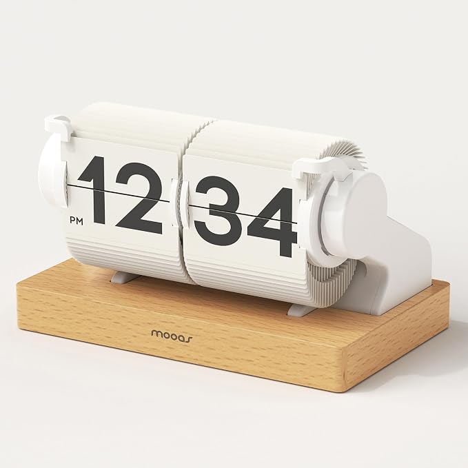 mooas Automatic Mini Flip Clock, Rechargeable, Timer/Alarm/Calendar (White) | Retro Vintage Design, Automatic Flip Desk Clock, USB-C Charging, Interior Objet for Home Office Living Room Hotel Café