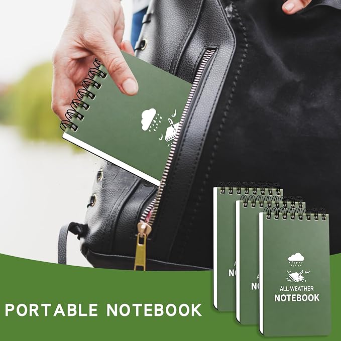 Waterproof Notebook, 4 Pack Pocket Notepad, 3" x 5" Top-Spiral Weatherproof NotePad, All Weather Police Pocket Notebook Mini Memo Steno Note Pads for Outdoor Office School Recording, Navy Green