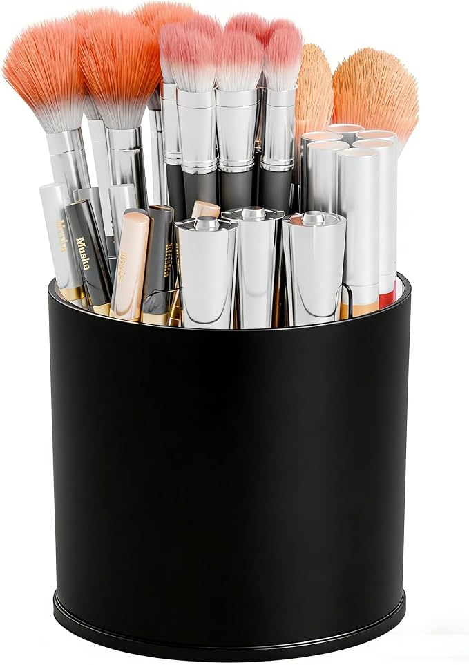 Yieach Rotating Acrylic Makeup Brush Holder for Vanity,Bathroom Countertop,Round Makeup Brushes Organizer,Spinning Cosmetic Brushes Holder,Make up Brush Storage and Office Desk Pen or Pencil Cup,Black