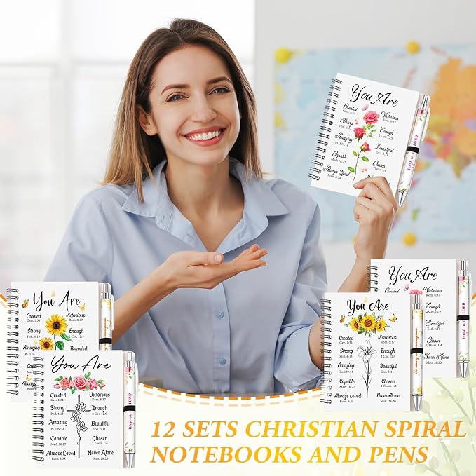 Colarr 12 Sets Christian Notebooks Bulk Christian Gifts for Women Pen and Notebook Gift Set Religious Prayer Journal for Woman Church Scripture Note books with Bible Verse Pens(You Are)