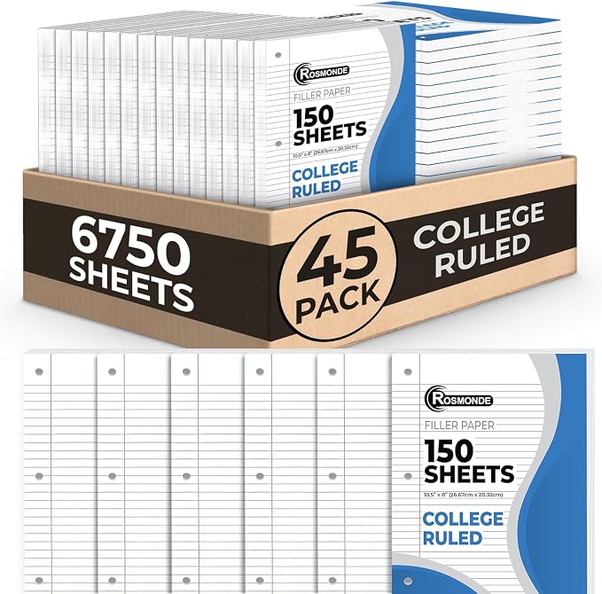 Rosmonde Loose Leaf Paper Bulk, 6750 Sheets, 45 Pack, College Ruled Paper | Bulk Notebook Paper, 8" x 10.5", 150 Sheets/Pack, Bulk Office Filler Paper, 3 Hole Punched, College Ruled Paper For Binder