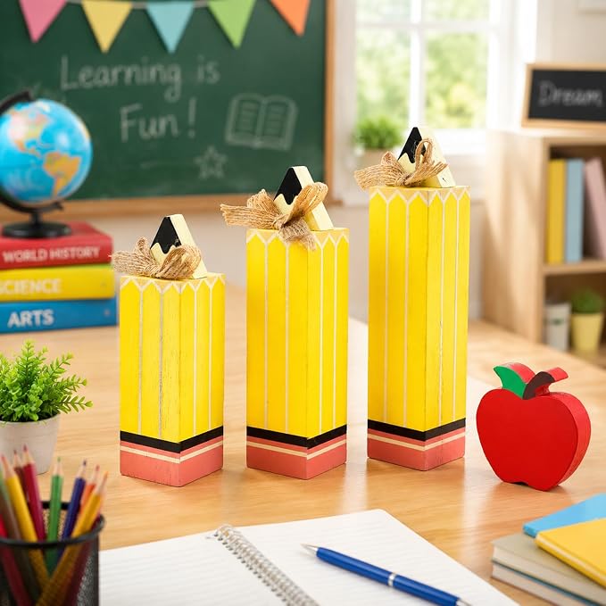 Fangoo 4Pcs Back to School Table Decorations Wooden Pencil Block Stack Sign Red Apple Table Centerpieces First Day of School Tiered Tray Gifts Decor for Home Classroom Teacher Desk Shelf Mantel