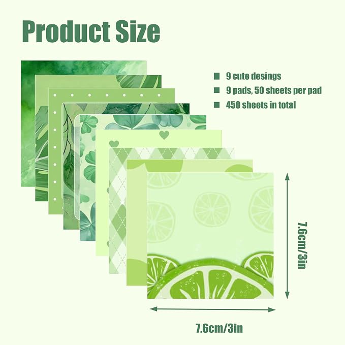 9 Pads Green Sticky Notes Set, Cute Self-Stick Notepads, Super Adhesive Memo Pads Note Card, Office Decor Gifts, Desk Accessories for Students, School Supplies for Girls, 3x3in