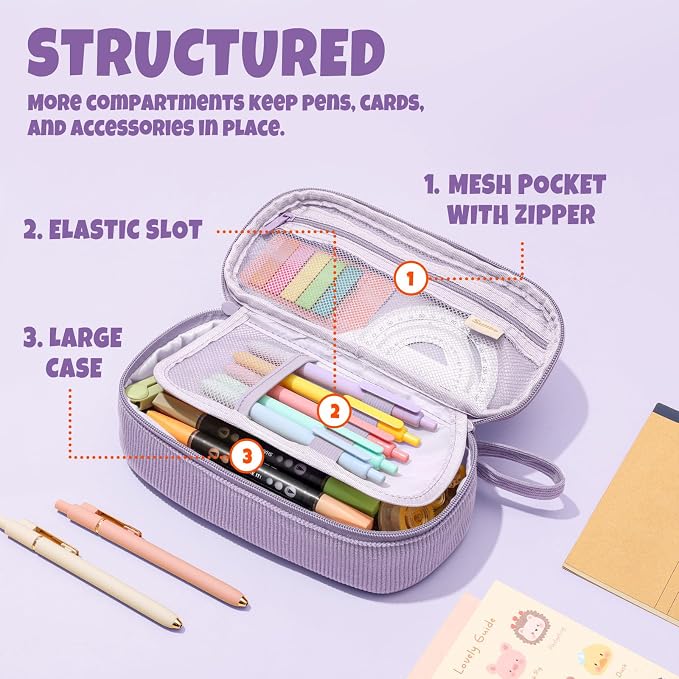 SUNEE Cute Pencil Case, Large Capacity Pencil Pouch, Soft Corduroy Pencil Bag, Big Storage Pen Organizer for Stationery, Aesthetic Zipper Pencil Box, Back to School Supplies for Teen Girls Boy, Purple