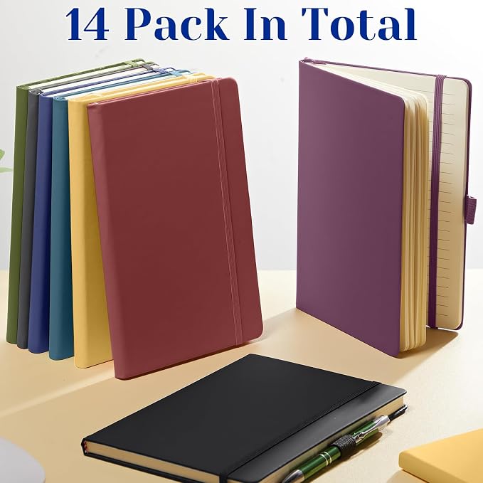 Laumoi 14 Pack Hardcover Journal Notebooks Bulk A5/A4/B5 Journaling Notebook Wide Ruled PU Leather Ruled Lined Journals with Pen Holder for School Business Work Writing (Retro Color,A5)
