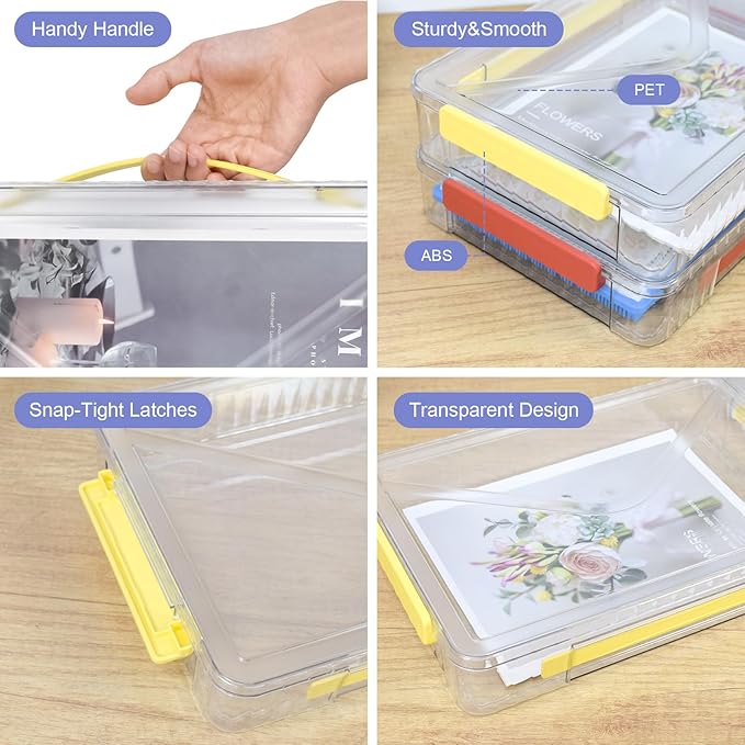 Marte Vanci Plastic Storage Bin with Lid Portable Project Case with Handle Clear Storage Box Transparent File Document Protector Stackable Container for A4 Letter Paper Photo Crafts Scrapbook