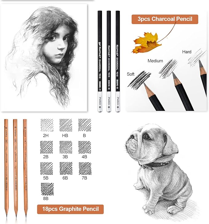 YunQiDeer Drawing Pencils, Professional Charcoal & Graphite Sketching Pencil Kit for Beginners & Adults, Art Supplies for Blending Shading