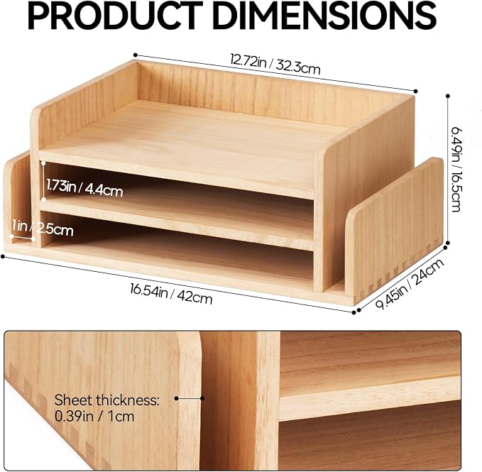 KIRIGEN Wood Desk Organizer, 5-Tray Letter Tray and Mail Sorter Natural 2TP | Solid Wood 3-Tier Desktop Organizer with 5 Storage Areas for Mail, Folders, Letter Paper and Office Supplies, Fully Assembled