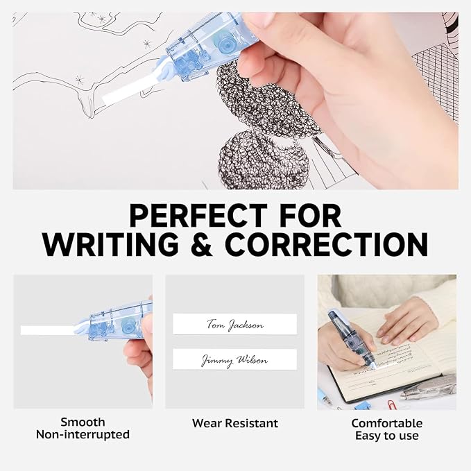 High-capacity Refillable White Correction Tape,32.8 Feet x 0.2”, 2-Count of Extra-long Correction Tape with Easy to Use Pen Shaped Applicator,Fast, Clean and Tear-Resistant for Office School Supplies