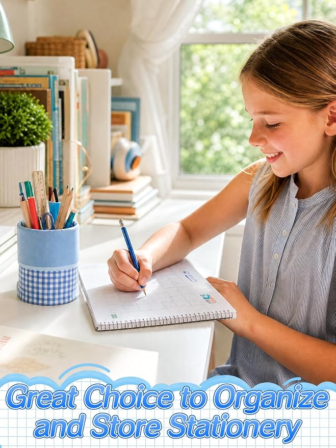 Bigmeta Gingham Standing Soft Pencil Case for Girls - 2-in-1 Cute Aesthetic Pencil Pouch with Zipper, Stationery Holder Bag for Middle & Elementary Students Back to School Supplies (Blue)