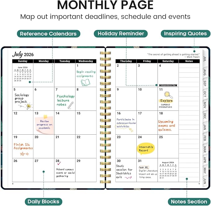 Planner 2026-2027, Academic Monthly and Weekly Calendar Planner for Women, July 2026 - June 2027, Hardcover Pretty Agenda Planner Book with Tabs, Spiral Daily Organizer for School Office Home Supplies, 6.3" x 8.5" - Midnight Aviary