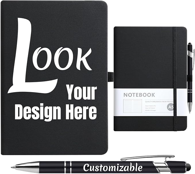 Custom Notebook and Personalized Ballpoint Pen Set, Customizable A5 Journal with Personalized Engraved Logo/Text/Image, 192 Pages, 8.3 x 5.8 Inches, Black