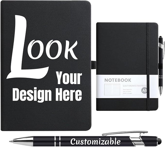 Custom Notebook and Personalized Ballpoint Pen Set, Customizable A5 Journal with Personalized Engraved Logo/Text/Image, 192 Pages, 8.3 x 5.8 Inches, Black