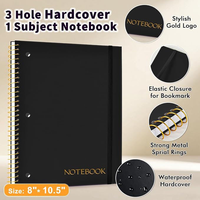 MUAHLIUB Spiral Notebook College Ruled Paper 8" x 10-1/2", 1 Subject Spiral Notebook, 3-Hole Punched Perforated Pages Ideal for School, Office, Writing, 95 Sheets Lined Journaling Notebook, Black