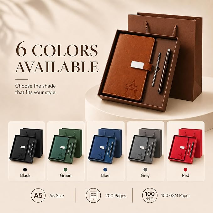 CRME Personalized Leather Journal with Pen and Gift Box,Custom Leather Executive Notebook with Name,A5 Hardcover Lined Journal for Writing Business Travel,5.8"x 8.3",Green