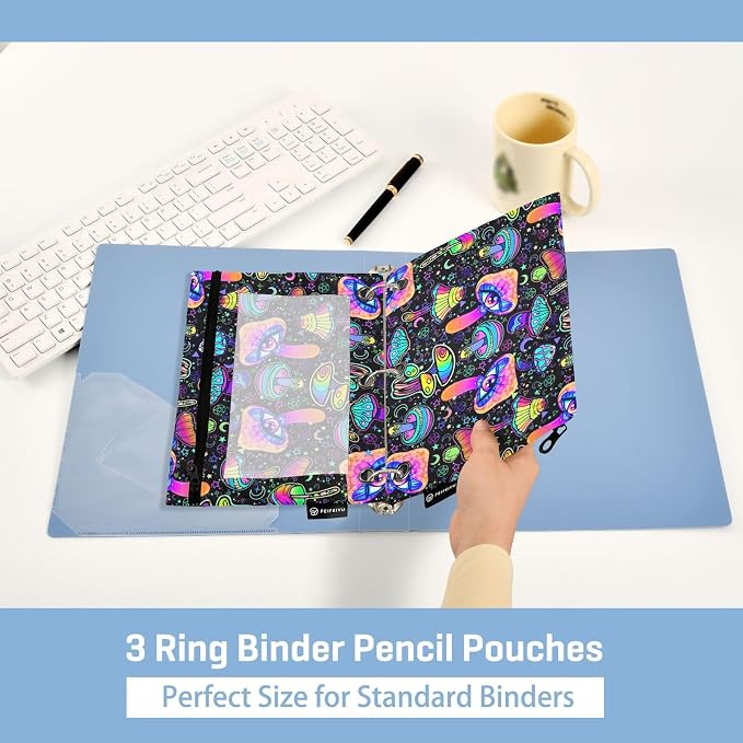 Magic Mushrooms Pencil Pouches for 3 Ring Binder 2 Pack | Binder Pencil Case With Zipper Reinforced GrommetsPencil Bags for Office Organizers
