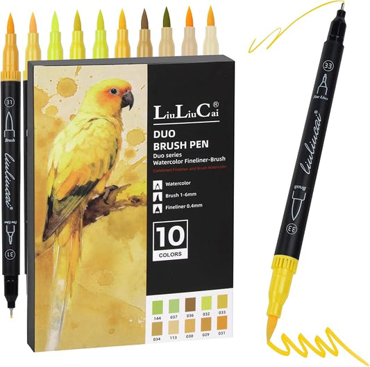LIULIUCAI 10 Yellow Dual Markers, Fine & Brush Tip Pen for Adult Coloring | Yellow Markers, Drawing Pen for Sunflower, Fall Art, Highlights, Hand Lettering & Warm Accents, No Bleeding