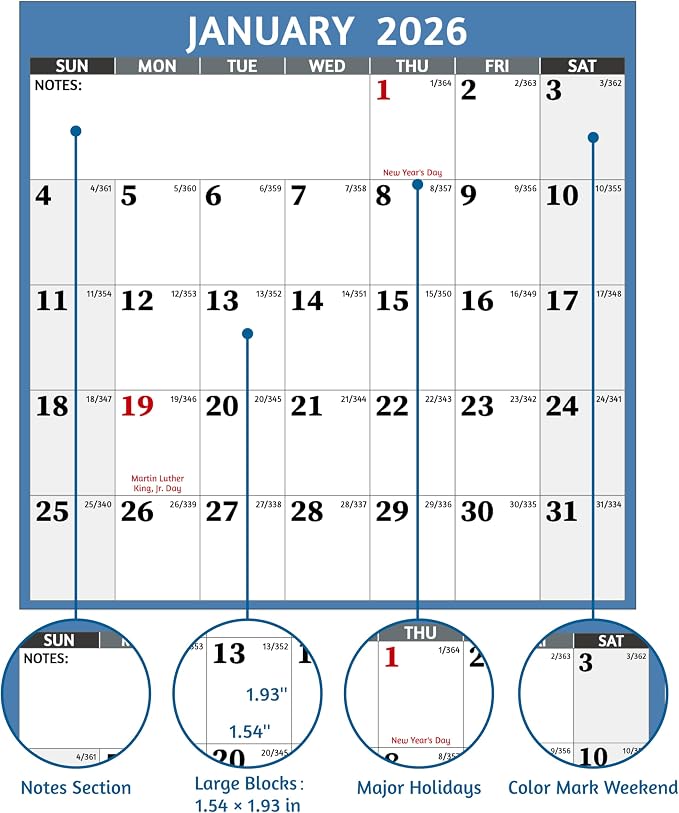 2026 Dry Erase Calendar – Large Yearly Wall calendar 2026, 33.7'' x 45.1'', 2-Side Reversible Calendar 2026, Vertical/Horizontal, Jan 2026 – Dec 2026, 2026 Wall Calendar with Notes, Stickers - Light Blue