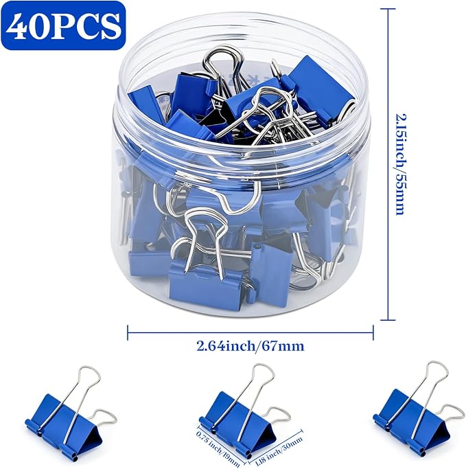 Temiary 40 Pcs Binder Clips, 0.75 Inch Mini Metal Binder Paper Clip with Container, Blue Small Paper Clamps Bulk for Office, Home, School Supplies