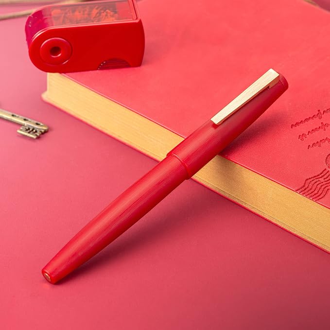 Jinhao 80 Red Fiber Brushed Fountain Pen, Iridium Fine Gold Nib with Ink Converter, Classic Design Smooth Writing Pen (Gold Clip)