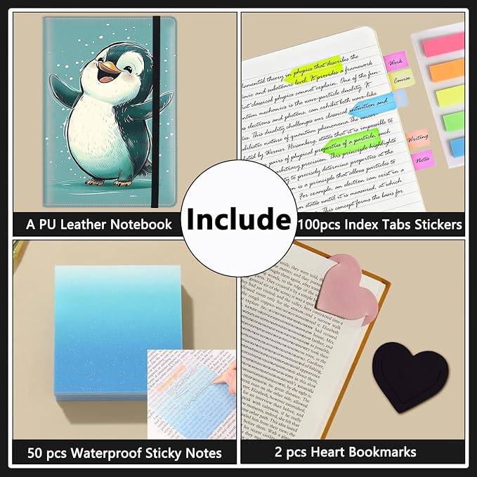 A5 Leather Lined Journal Notebook, 200 Pages Hardcover Executive Notebook for Men Women Office School Note Taking, Thick Writing Paper Daily Journal with Bookmarks/Indexes,Cute Penguin Happy